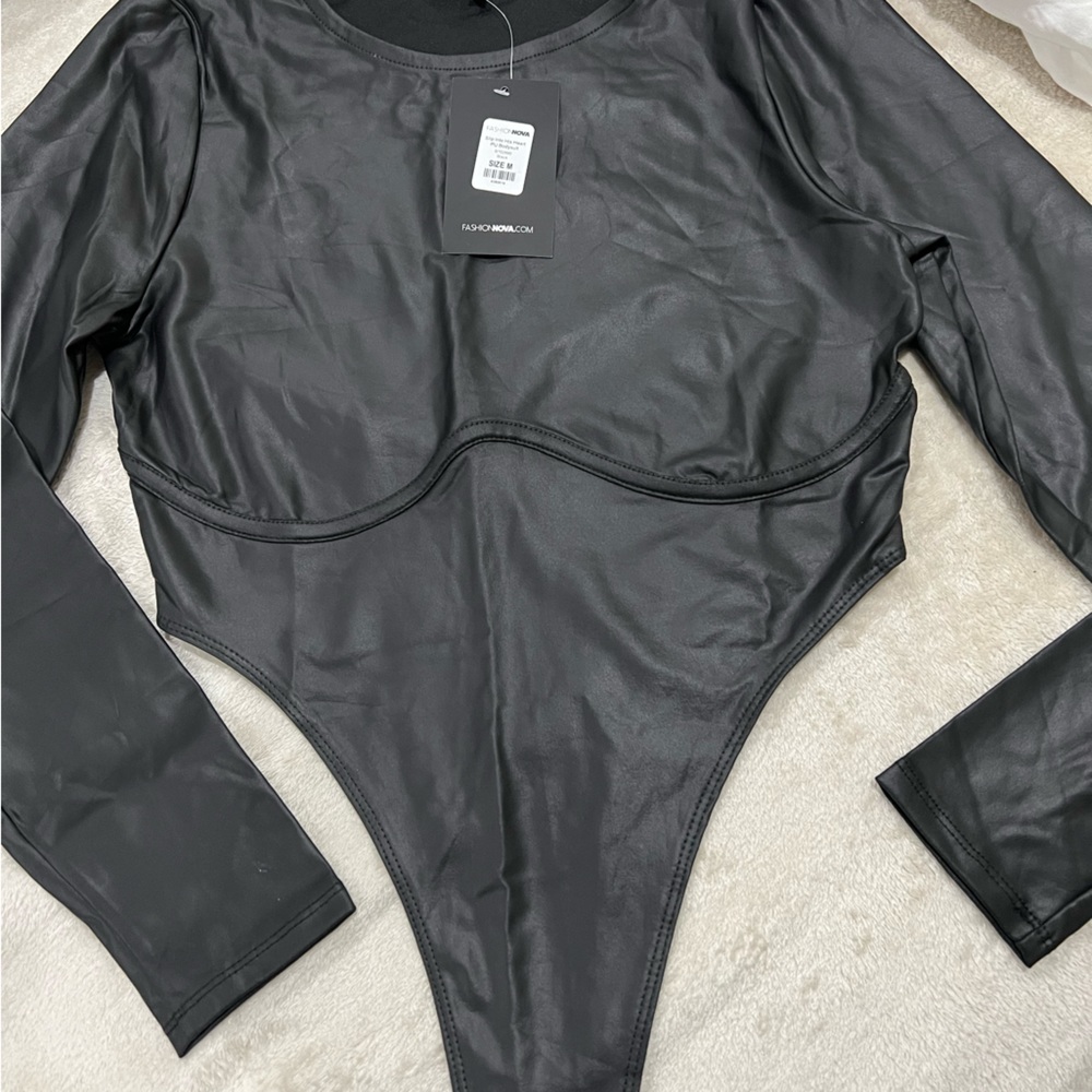 Fashion Nova black faux leather bodysuit with tags